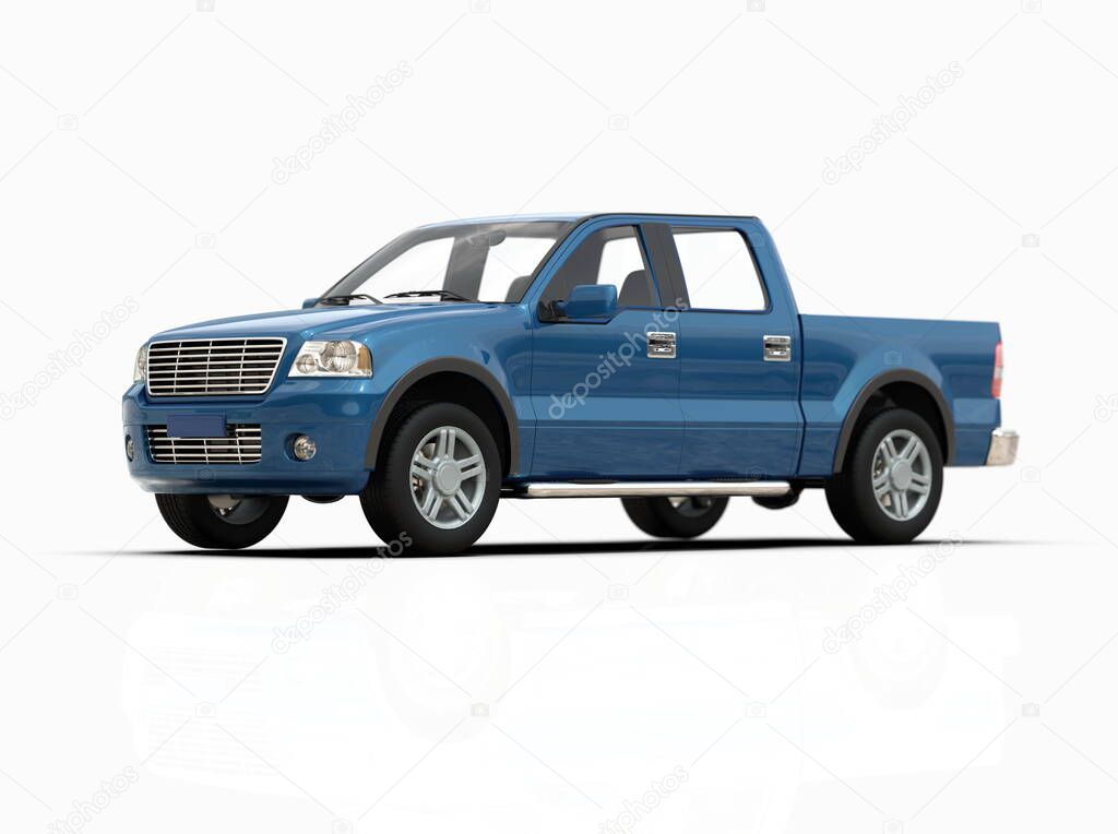 Generic and Brandless Pickup Truck with Enclosed Cabin Isolated on White 3d Illustration, Contemporary Light-Duty Truck Studio, Utility Vehicle Ute Auto Transport, Pickup Open Cargo Area Vehicle Sign