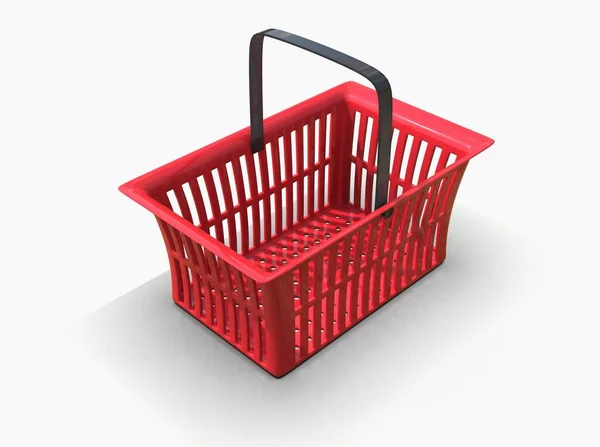 Lege Rode Plastic Boodschappenmand Geïsoleerd Witte Achtergrond Supermarkt Winkel Container — Stockfoto
