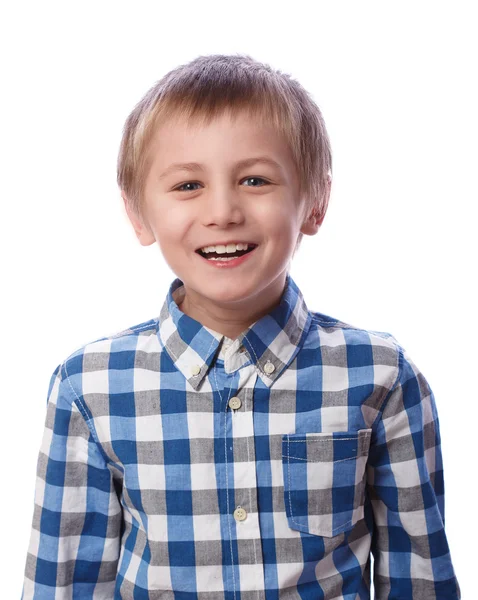 Menino ri em um fundo branco — Fotografia de Stock