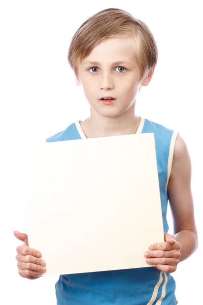 Boy on a white background with blank boad — Stock Photo, Image