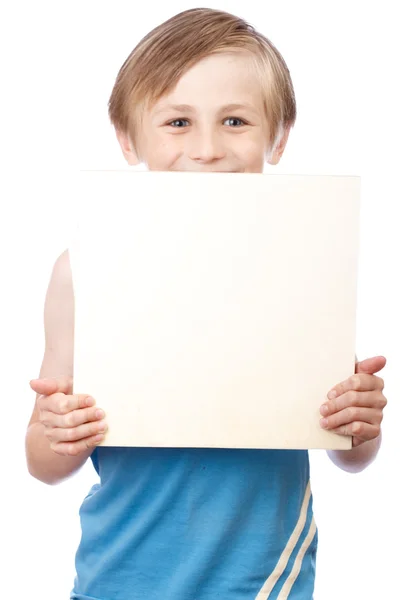 Boy on a white background with blank boad Stock Photo