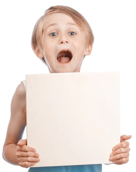 Çocuk beyaz bir arka planda boş Danışma ile — Stok fotoğraf
