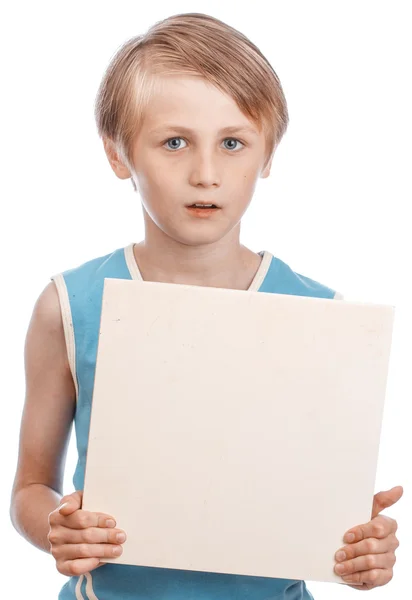 Boy on a white background with blank boad — Stock Photo, Image