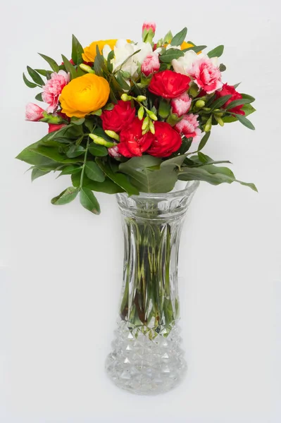 Bouquet Colorful Flowers Glass Vase View Number — Stock Photo, Image