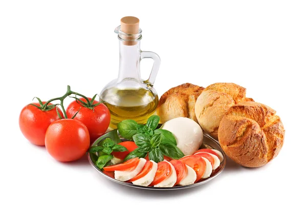 Mozzarella, tomatoes, olive, basil, roll, composition on a white background — Stock Photo, Image