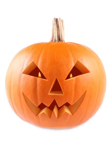 Zucca, Halloween, vecchia jack-o-lanterna su sfondo bianco con fiamme ardenti negli occhi — Foto Stock