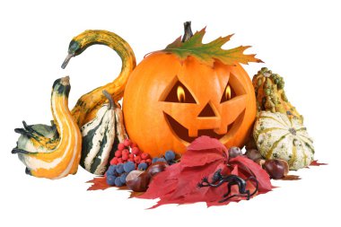 kabak, Cadılar Bayramı, eski jack-o-lantern kompozisyon dışı heykelçiği şeytan ateşten alevler içinde gözleri, beyaz zemin üzerine