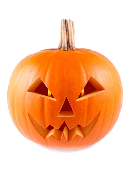 Pumpkin, halloween, old jack-o-lantern on white background with flames in the eyes — Stock Photo, Image