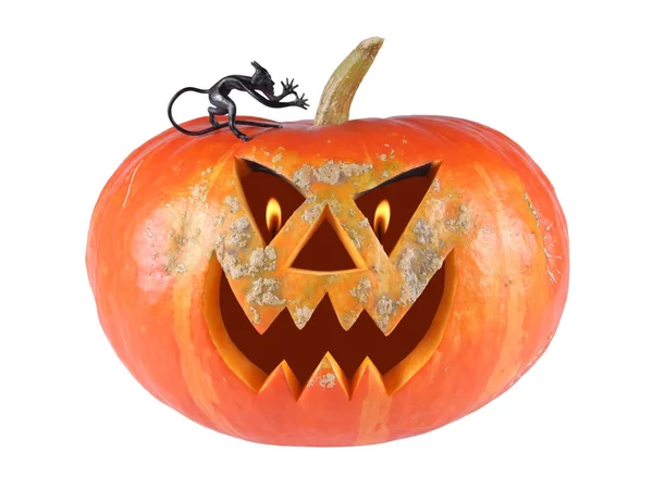 Pumpkin, halloween, jack-o-lantern out of figurine devil on white background with fiery flames in the eyes — Stock Photo, Image
