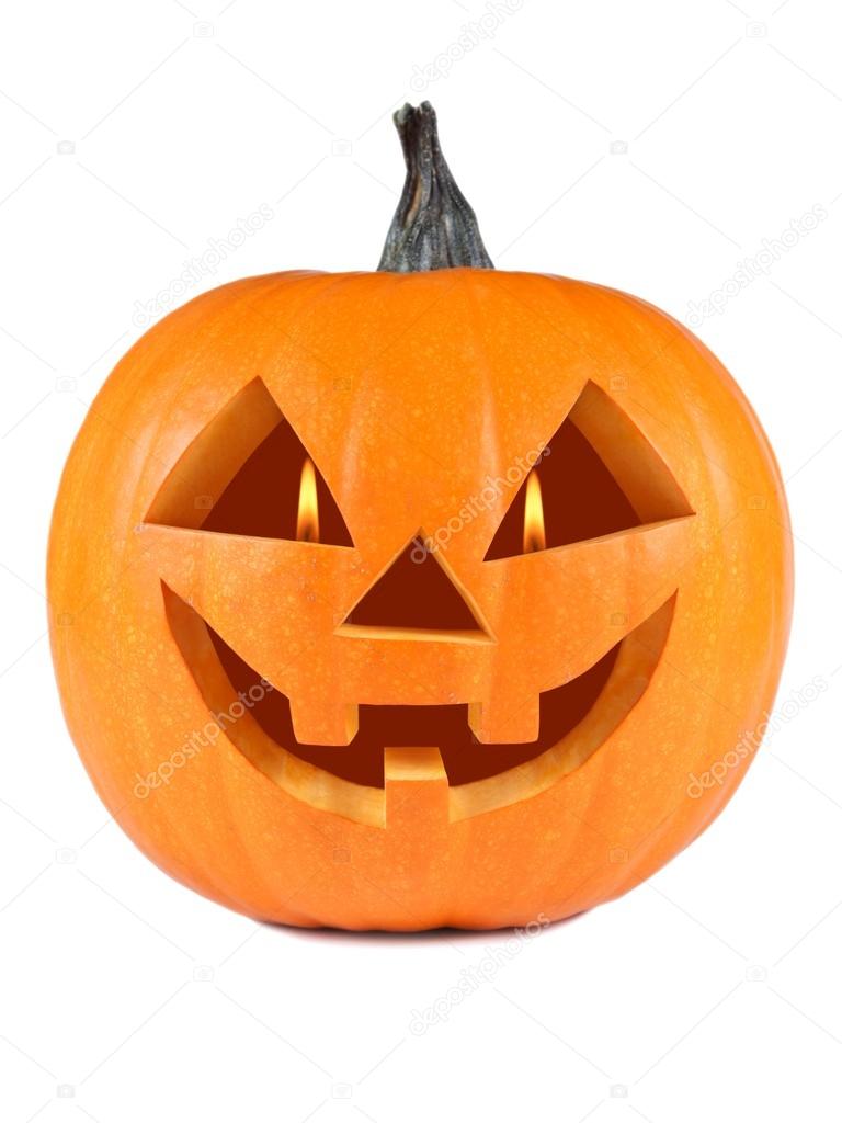 Pumpkin, halloween, old jack-o-lantern on white background with fiery flames in the eyes