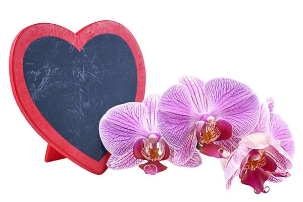 Corazón, placa de madera en forma de corazón y orquídeas, San Valentín —  Fotos de Stock
