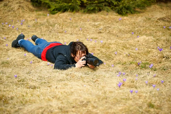 Mujer fotógrafa y azafatas en la primavera en un prado de montaña en las montañas Tatra, Polonia —  Fotos de Stock