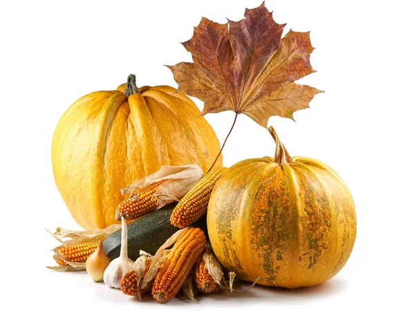 Calabaza, maíz, ajo, cebolla, calabacín y hoja, composición Otoño, Halloween —  Fotos de Stock