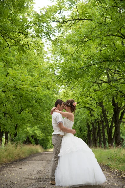 Família jovem no dia do casamento para uma caminhada — Fotografia de Stock