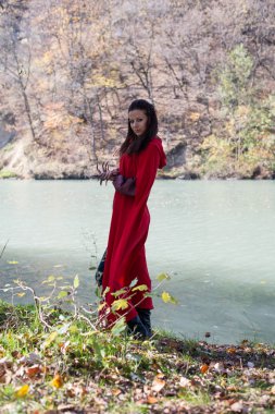 Doğanın kucağında bir kırmızı pelerin kız