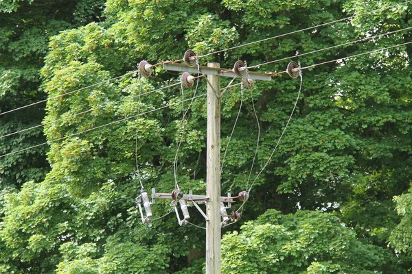 Cabos Pólo Numa Linha Transmissão Eletricidade — Fotografia de Stock