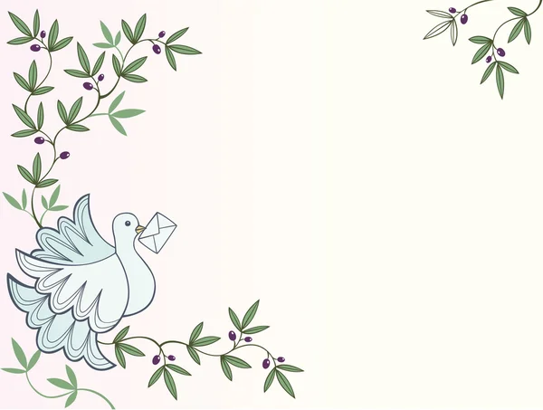 Taube mit Brief sitzt auf einem Olivenbaum Hintergrund — Stockvektor