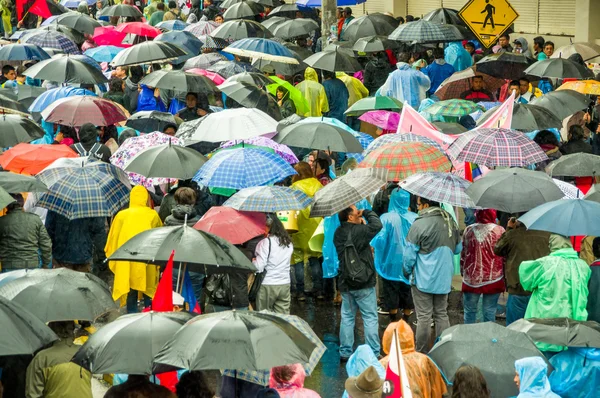 厄瓜多尔基多-2015 年 8 月 27 日 ︰ 大人群和在城市街道上示威游行期间许多遮阳伞 — 图库照片