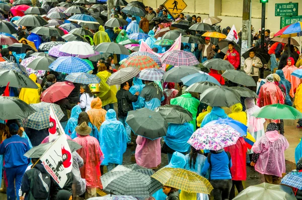 Quito, Ekvator - 27 Ağustos 2015: Büyük kalabalık ve şehir sokaklarında gösteriler sırasında birçok şemsiye — Stok fotoğraf