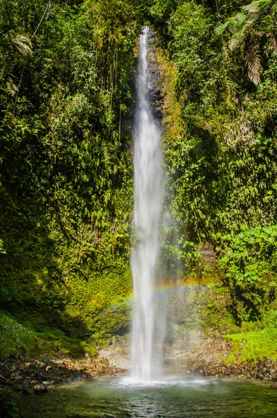Hermosa cascada con lagun en el fondo y espectacular vegetación verde alrededor del agua azul clara en la selva amazónica Ecuador — Foto de Stock