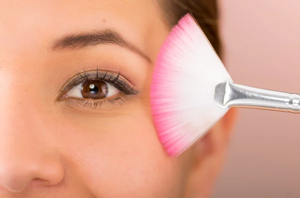Primer plano de la cabeza joven mujer bastante hispana sosteniendo rosa blanco maquillaje cepillo hasta al lado de la vista — Foto de Stock