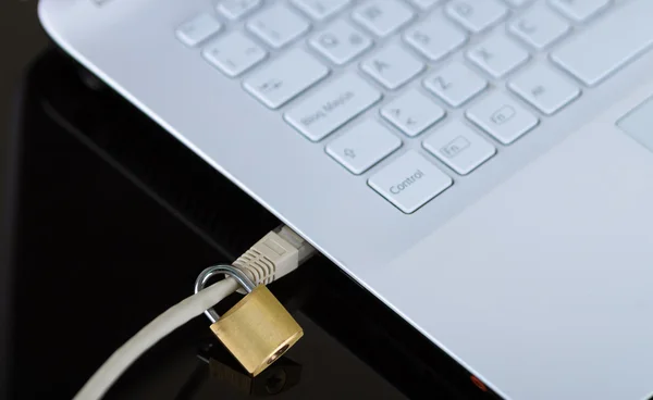 Small padlock locked around ethernet cable connected into side of laptop, internet security concept — Stock Photo, Image