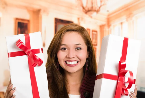 Brunette avec beau sourire tenant des cadeaux, enveloppement blanc et ruban rouge, fond de ménage — Photo