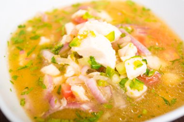 Tradicional ve taze balık ceviche, Ekvador stili kapat