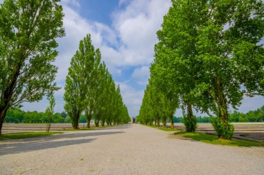 Dachau, Almanya - 30 Temmuz 2015: Her iki tarafında güzel uzun yeşil ağaçlar ile uzun çakıl yol düşmüş onuruna Katolik Roma Anıtı kadar lider