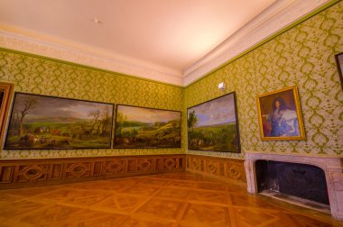 Schleissheim, Almanya - 30 Temmuz 2015: Büyük oda sarayın büyük resimle duvar, ahşap zeminler, yeşil duvarlar ve şömine bina içine