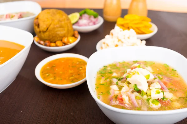 Taze balık ceviche baharatlı sos ve geleneksel yemekleri ile — Stok fotoğraf