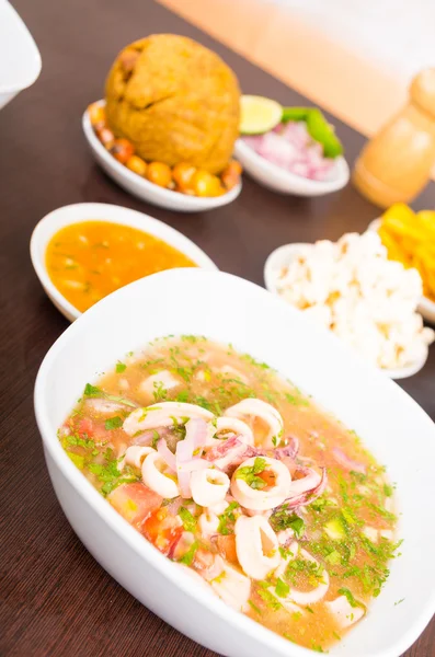 Traditional way to eat ceviche on Ecuador, selective focus on ceviche dish — Stock Photo, Image