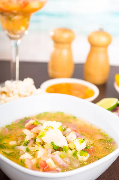 Ceviche ecuatoriano servido en un plato blanco enfoque selectivo, detrás de la sal y la pimienta —  Fotos de Stock