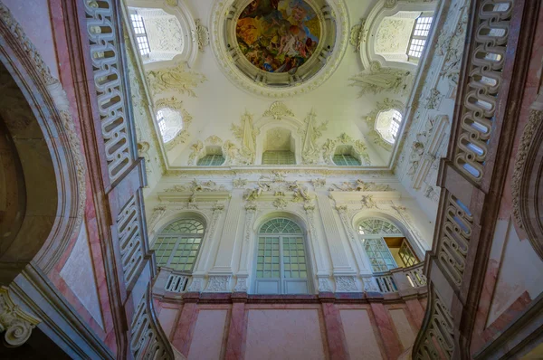 Schleissheim, Germany - July 30, 2015: Fresco painted ceiling inside palace revealing stunning artistic details and beauty, typical old european decorations — Stock Photo, Image