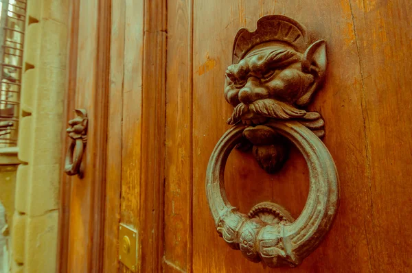 Florence, Italië - 12 juni 2015: Een oude metalen deur knocker op een houten deur. Lion vorm met ernstige gezicht — Stockfoto