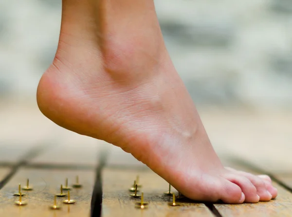 Feet almost walking on tacks, wooden floor — Stock Photo, Image