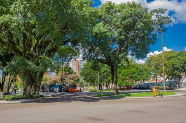 Curitiba, Brezilya - 12 Mayıs 2016: bir parkın ortasında bulunan otobüs istasyonları önünde otobüs duraklarına ve arka plan olarak bazı binalar büyük ağaçlar