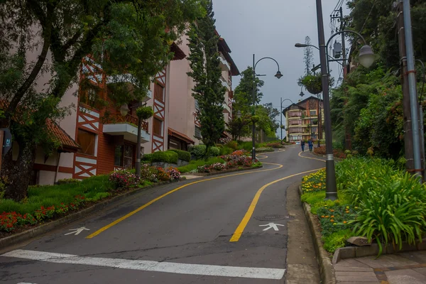 Gramado, brasilien - 06. Mai 2016: schöne unregelmäßige Straße mit vielen Pflanzen und Bäumen auf den Bürgersteigen — Stockfoto