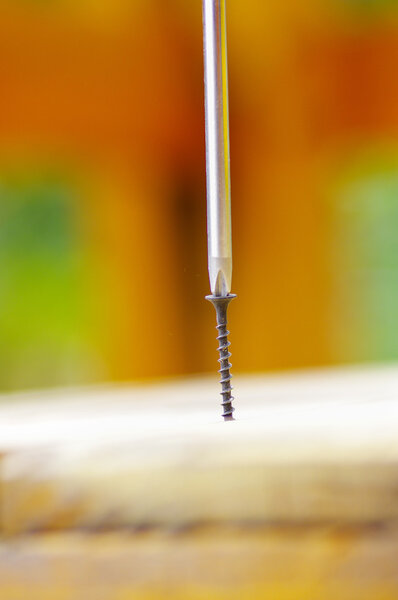 black screw standing on a wood table with a silver screwdriver over it