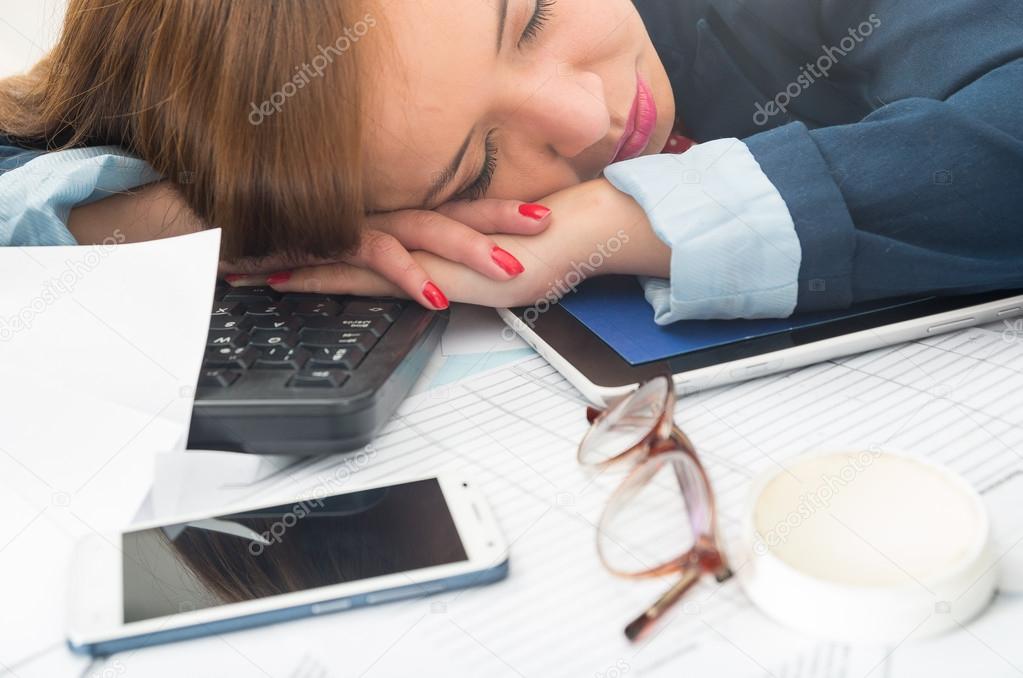 Office Woman Bent Over White Desk Resting Or Sleeping With