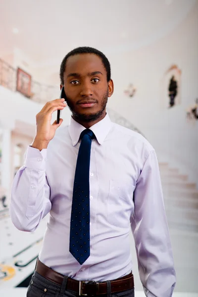 Hombre guapo con camisa y corbata de pie en el área del vestíbulo hablando por teléfono móvil, concepto de negocio — Foto de Stock