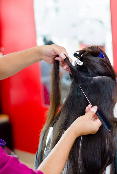 ヘアスタイリストは、層に長い茶色の髪を準備し、櫛は彼女を助けています — ストック写真