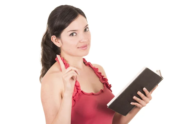 Bela jovem professora segurando livro — Fotografia de Stock