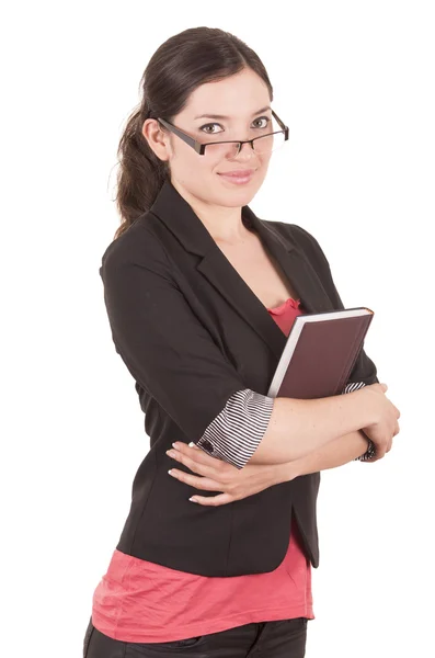 Portret van vrij vrouwelijke leraar bril ingedrukt te boek — Stockfoto