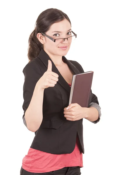 Retrato de bela professora vestindo óculos e segurando livro — Fotografia de Stock