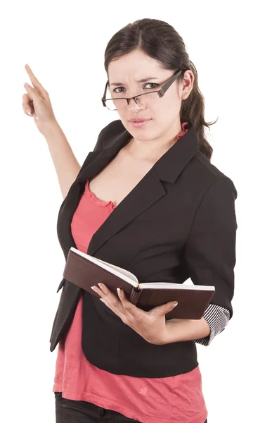 Ritratto di graziosa maestra che indossa occhiali e tiene il libro — Foto Stock