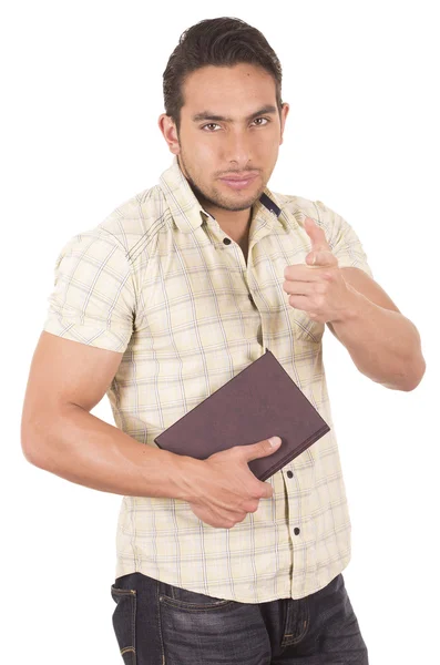 Joven guapo macho profesor holding notebook — Foto de Stock