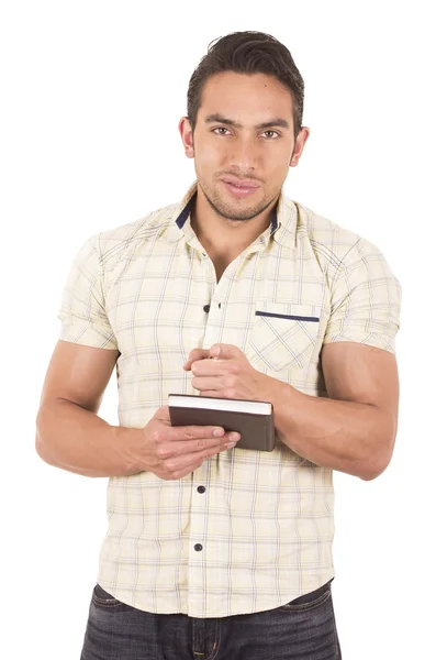 Joven guapo macho profesor holding notebook — Foto de Stock