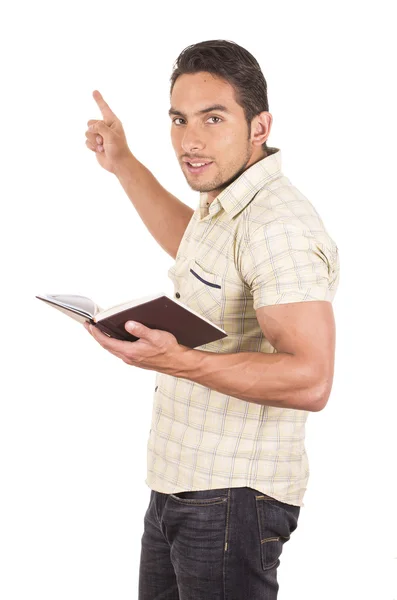 Joven guapo macho profesor holding notebook — Foto de Stock