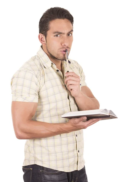 Joven guapo macho profesor holding notebook —  Fotos de Stock